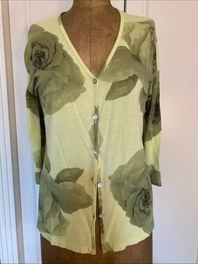 Sigrid Olsen Light Green Floral Button Cardigan